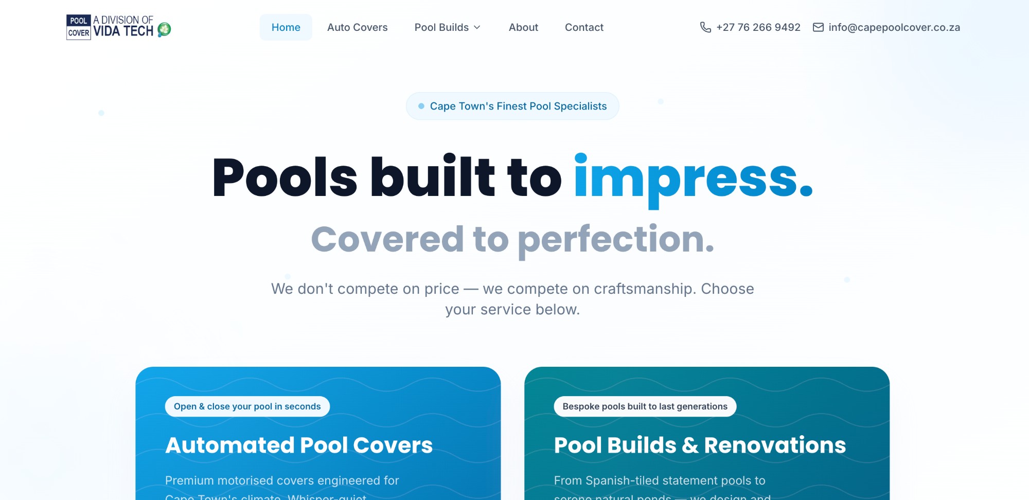Cape Pool Cover — A full rebuild for Cape Town's leading pool cover and pool build specialists — fast, split into two clear service funnels, and designed to convert.